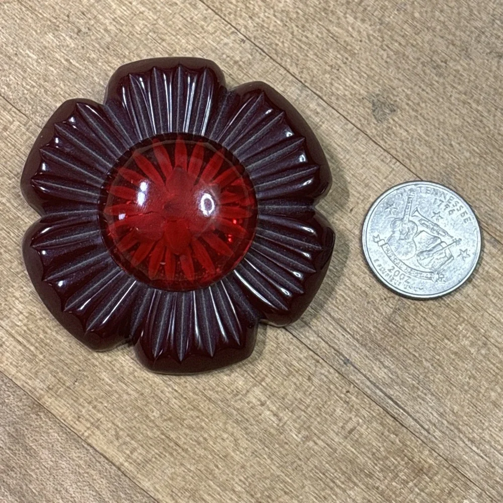 Rare 1930s Art Deco Bakelite Brooch Reverse Carved Lucite Dome Cherry Flower